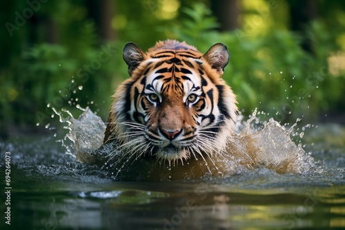 Amur tiger playing in the water, Siberia. Dangerous animal, tajga, Russia. Animal in green forest stream. Siberian tiger splashing water photo