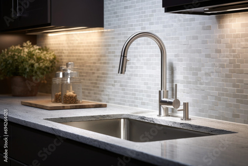 modern kitchen set with stainless steel undermount sink and high-arc faucet.