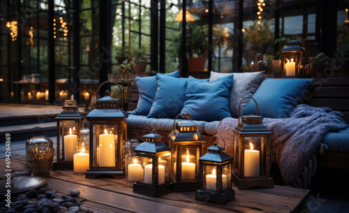 an evening patio with candles, festive atmosphere