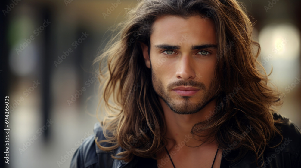beautiful long hair handsome man, facial banner, blur background beautiful long hair handsome man, facial banner, blur background