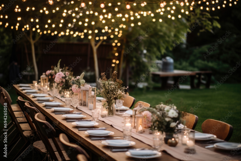 Wedding table setting. hall decoration with a lot of string lights and candles. festive table decor on the terrace Wedding table setting. hall decoration with a lot of string lights and candles. festive table decor on the terrace