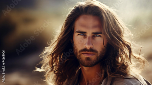 beautiful long hair handsome man, facial banner, blur background 