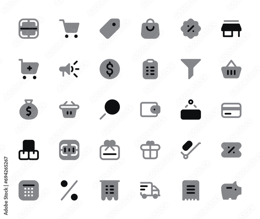 Shopping Icons Set - Duotone Style, Filled Vector Graphics for E-Commerce Shopping Icons Set - Duotone Style, Filled Vector Graphics for E-Commerce