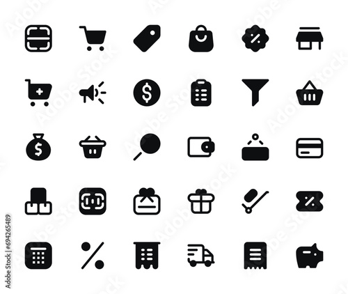 Shopping Icons Set - Solid Fill Style, Retail Vector Graphics for E-Commerce