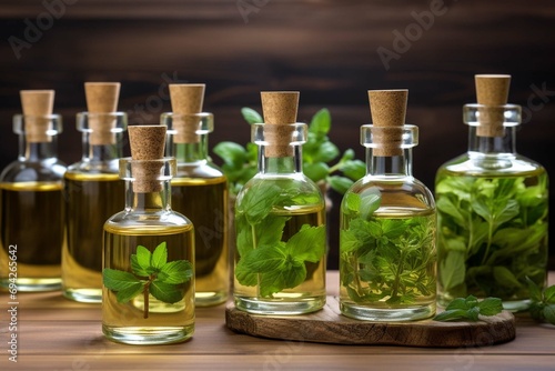 Concept of pure natural ingredients in cosmetology, aromatherapy, naturopathic, herbal extracts and essence. Assortment of glass bottles with organic essential aroma oil with mint, wooden background 