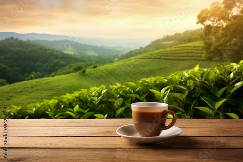 Cup of hot tea and tea leaf on the wooden table and the tea plantations background