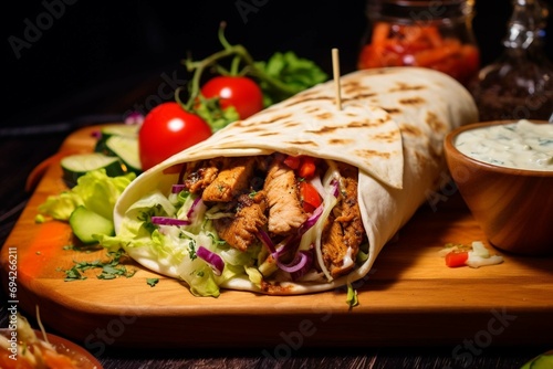 Delicious shawarma served on wooden board on table in cafe. Grilled pita wrapping chicken meat and fresh vegetables with sauce generative AI