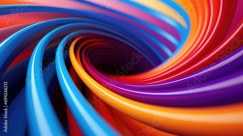 abstract spherical object  background  with many swirling stripes. The stripes are painted in a gradient that goes from blue to purple to warm orange  creating a striking contrast.