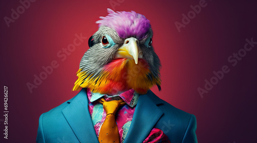 A cool bird in a business suit in rainbow colors