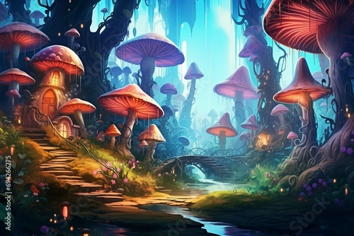 Digital fantasy forest landscape illustration with magic trees, mushrooms, concept art style painting with nature, outdoor fairy tale drawing. Summer village artwork with wonderful colors  © muhmmad