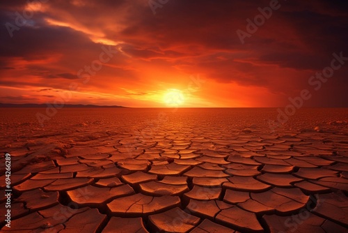 dramatic sunset over cracked earth. Desert landscape background