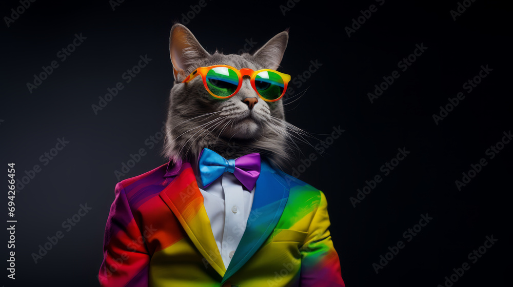 A cool cat in a business suit in rainbow colors - obrazy, fototapety, plakaty 