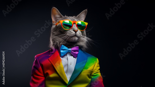 A cool cat in a business suit in rainbow colors photo