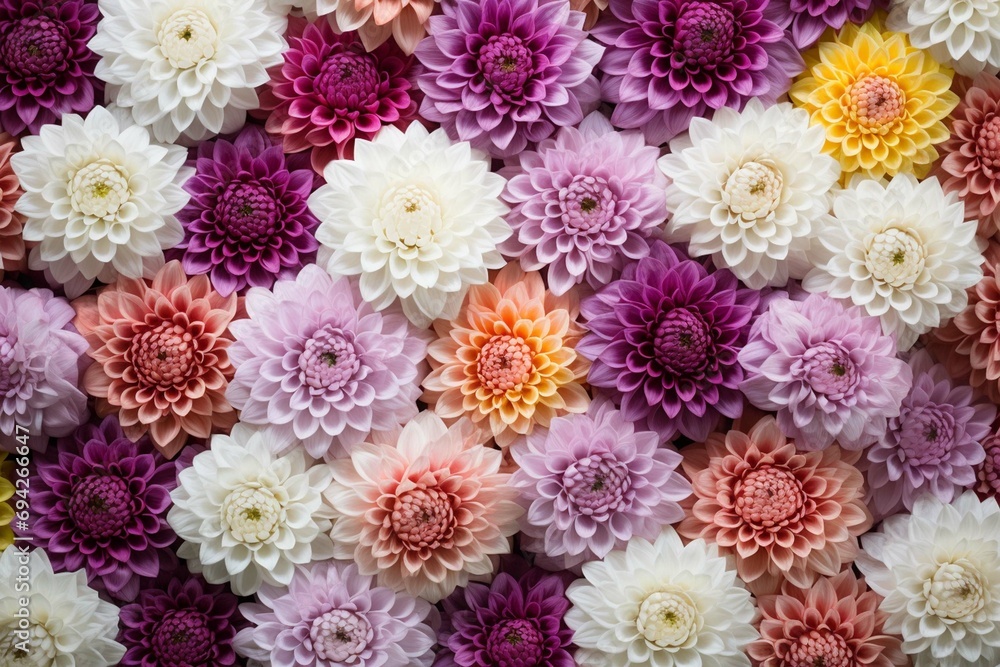 Flowers wall background with amazing red,orange,pink,purple,green and white chrysanthemum flowers ,Wedding decoration, hand made Beautiful flower wall background 