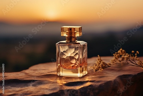 Generic luxury gold perfume mockup glass bottle with golden chrome and marbled glass body with on rock display at golden hour time photo