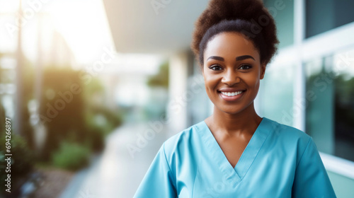 smile black woman nurse on blur hospital background