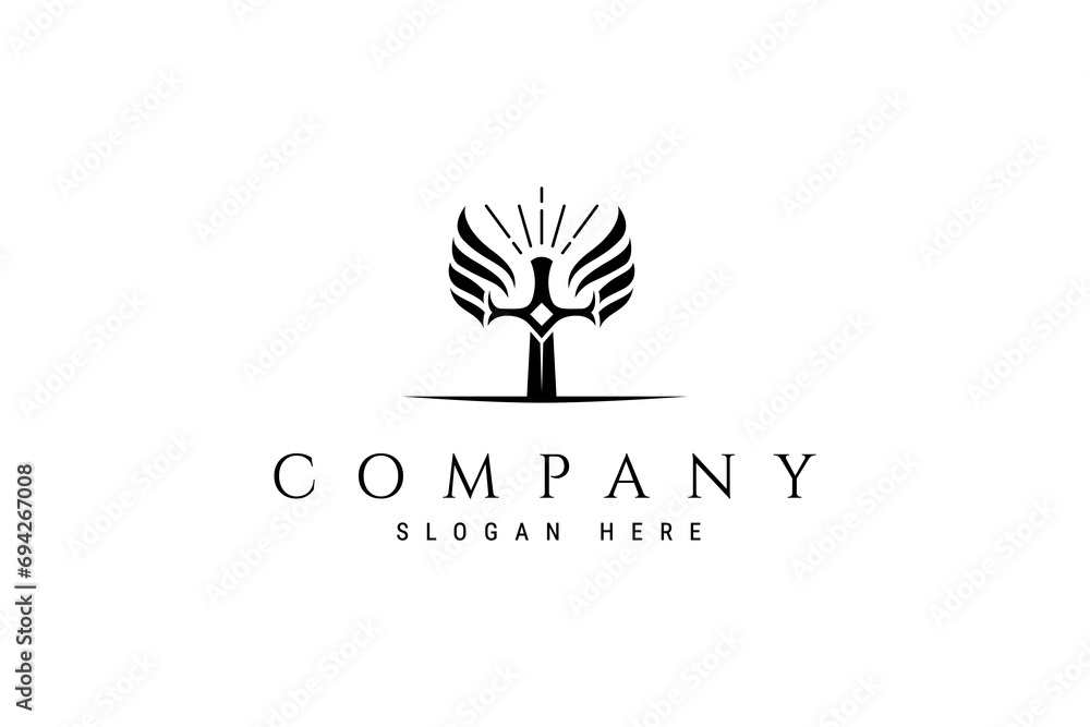 Vector logo with an abstract image of a sword stuck in the ground with flying wings Vector logo with an abstract image of a sword stuck in the ground with flying wings