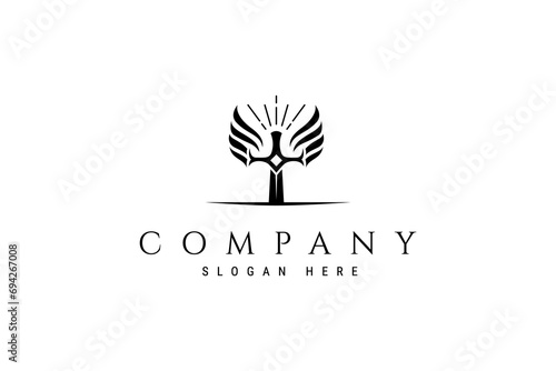 Vector logo with an abstract image of a sword stuck in the ground with flying wings
