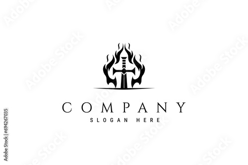 Vector logo with an abstract image of a sword stuck in the ground with flames blazing