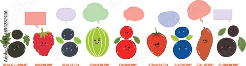 sweet cute little berries cartoon with speech bubble, types of healthy nutritious berries rich antioxidants, diet berries , rich in vitamins   