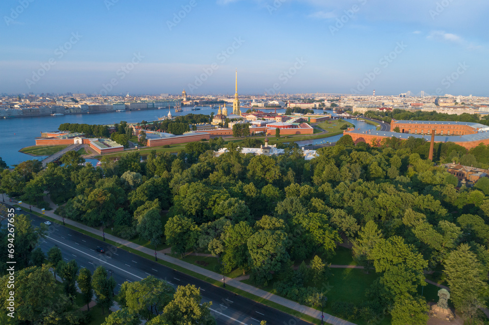 Peter and Paul Fortress in the city landscape on a sunny July morning. St. Petersburg, Russia