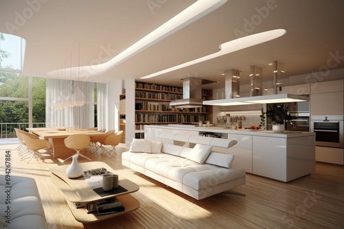 Modern living room with kitchen