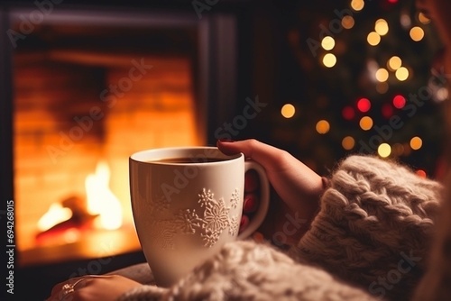 mug of hot chocolate or coffee by the Christmas fireplace. Woman relaxes by warm fire with a cup of hot drink. Winter, Christmas holidays concept