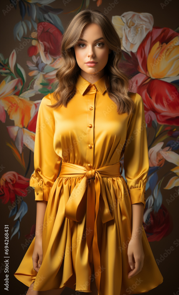 Portrait of beautiful young woman in yellow dress. Fashion photo. model posing in studio