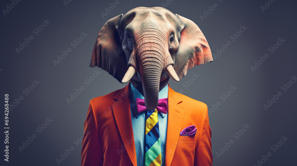 A cool elephant in a business suit in rainbow colors