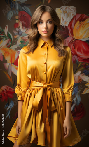 Portrait of beautiful young woman in yellow dress. Fashion photo. model posing in studio © oraziopuccio