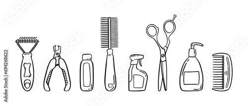 Pet grooming set. Salon for animals. Doodle style animal and character hand drawn. Vector illustration.