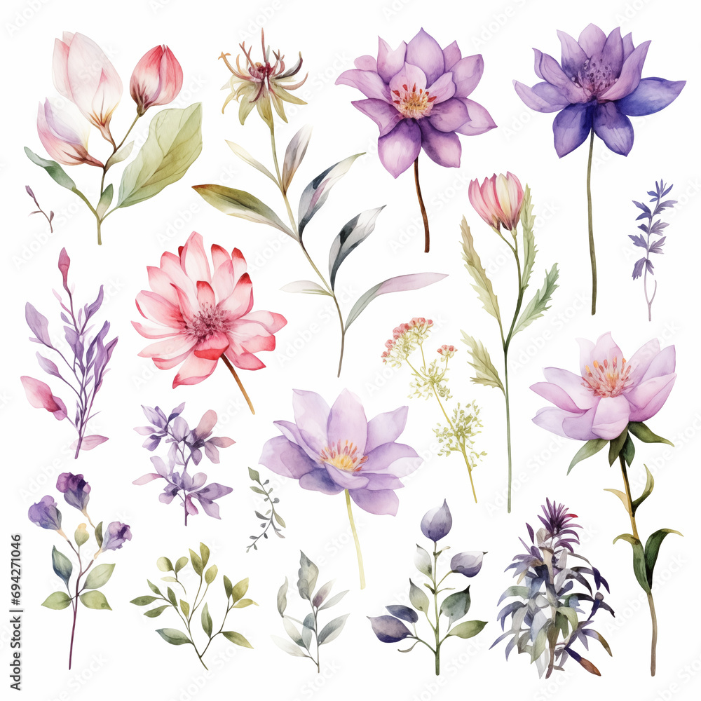 Flowers watercolor illustration, Set watercolor elements