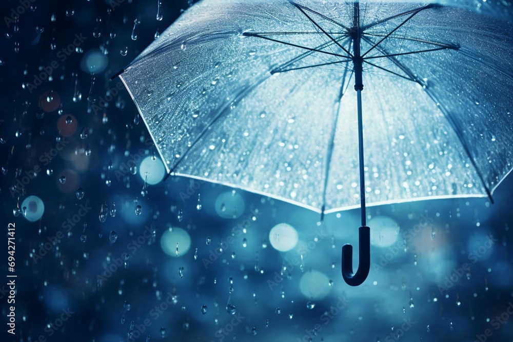 Transparent umbrella under rain against water drops splash background. Rainy weather concept  - obrazy, fototapety, plakaty 