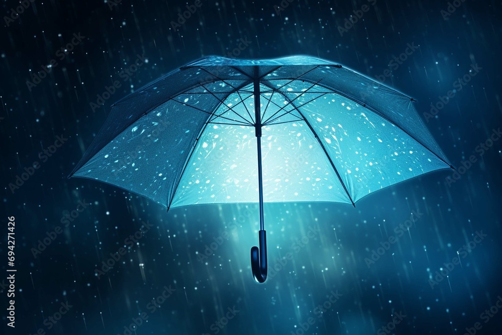 Transparent umbrella under rain against water drops splash background. Rainy weather concept 
