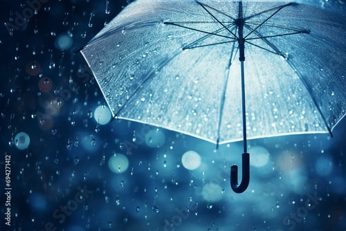 Transparent umbrella under rain against water drops splash background. Rainy weather concept  photo