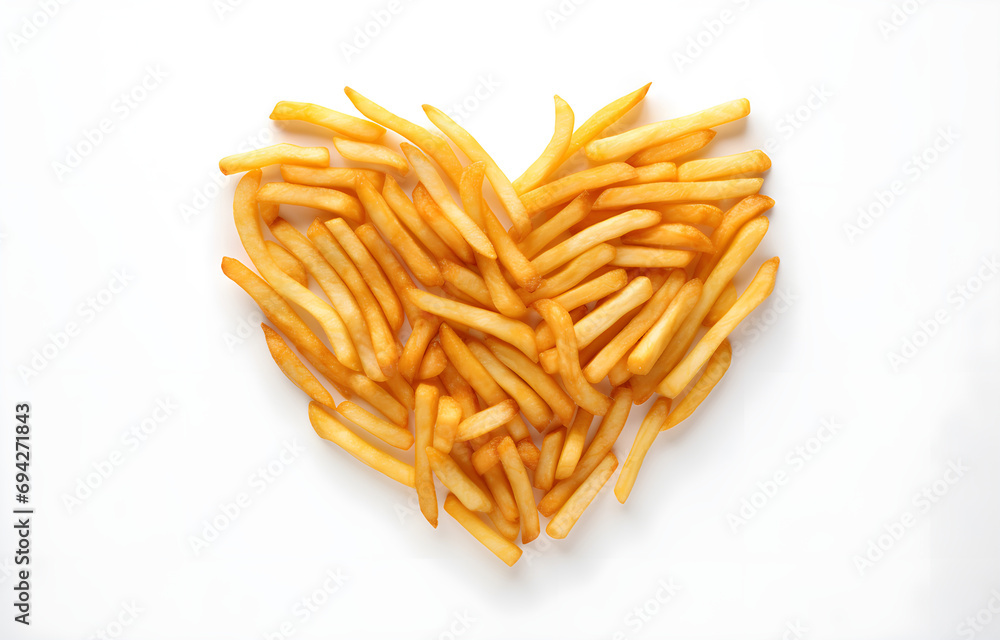 Fototapeta premium symbol of the heart is lined with french fries on white wooden t
