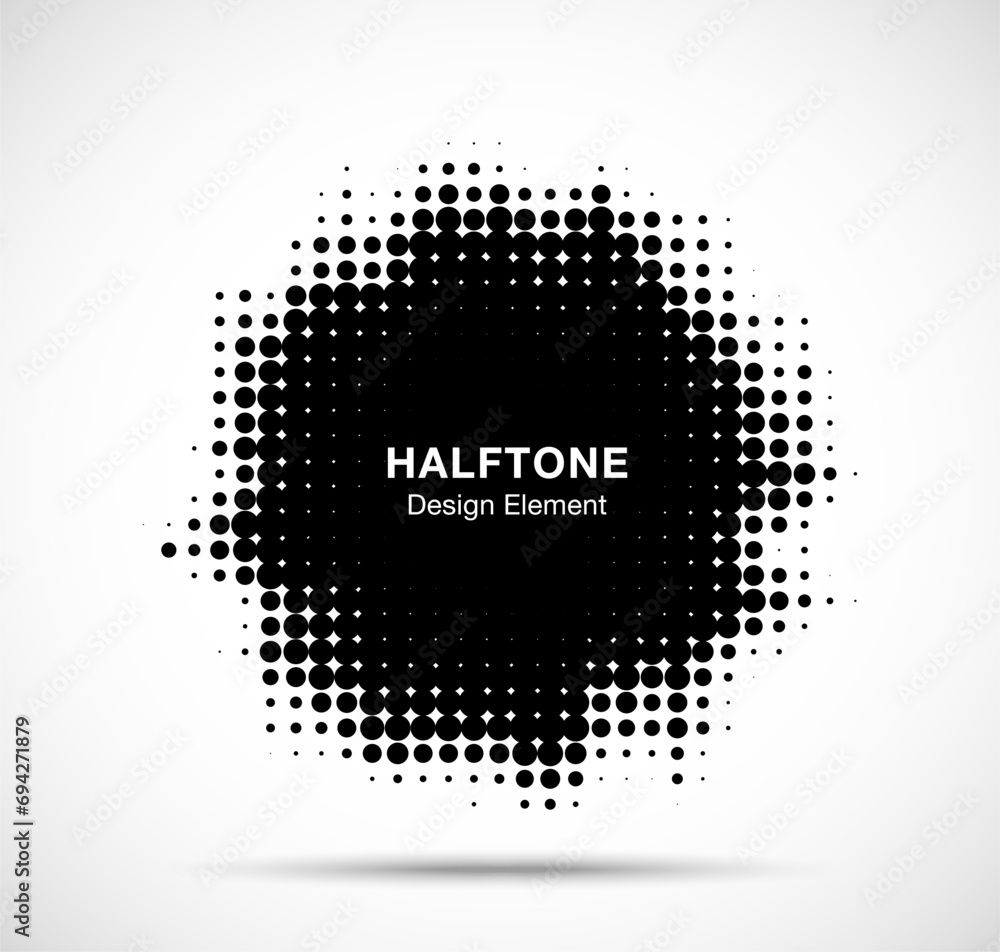 Grunge halftone frame. Circle dots background. Spotted abstract texture. Grungy half tone spot. Logo design element. Vector illustration. - obrazy, fototapety, plakaty 