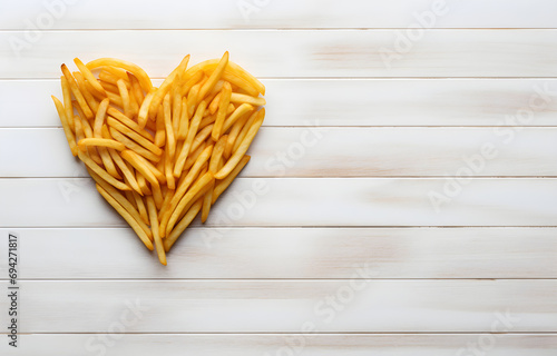 symbol of the heart is lined with french fries on white wooden t