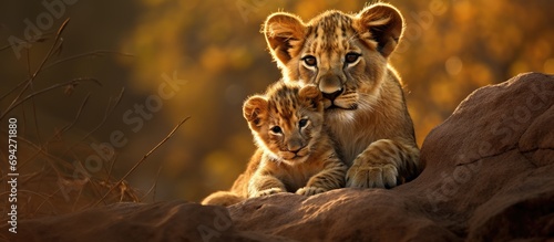 A lion cub in Gir forest feels blessed with his warrior mother. photo