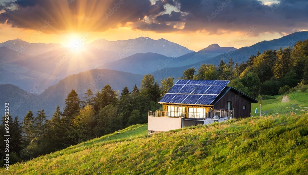 house with solar panels on a hill in the mountains during sunset; green energy concept house with solar panels on a hill in the mountains during sunset; green energy concept