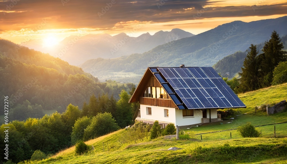 house with solar panels on a hill in the mountains during sunset; green energy concept