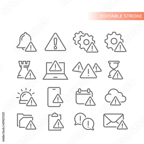 Problem alert with exclamation point icon set. Data breach, error and attention signal line icons.