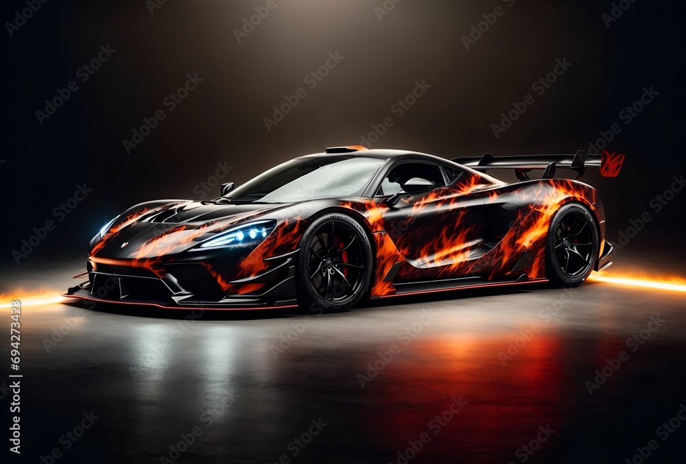 a sports car with a fire-themed wrap