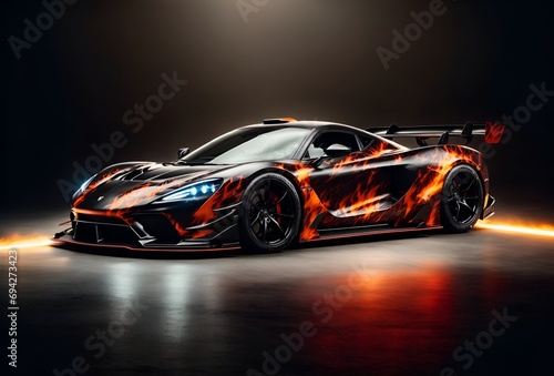 a sports car with a fire-themed wrap