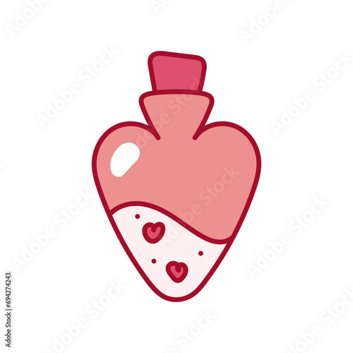 Love Potion. Little bottle of love with lot of hearts. Love potion, heart in  jar, feelings, confession of love, love card, design elements. Marriage love potion.