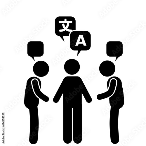 vector illustration of pictogram and stick figure of man translating two people communicating, translator