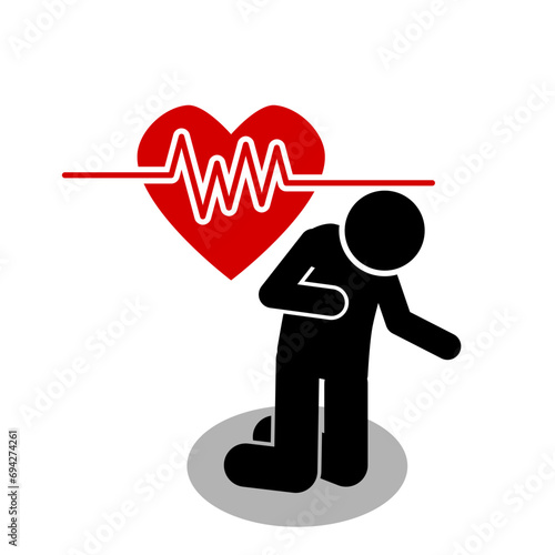 pictogram and stick figure vector illustration of a man having a heart attack, heart disease.