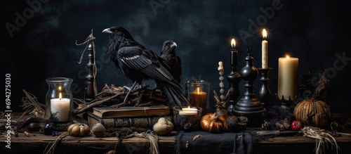 Black magic ritual with bird feathers and raven toes placed on a witch's altar, encompassed by magical items, crystals, herbs, seeds, and bones - an occult sorcerer's rite of witchcraft. photo