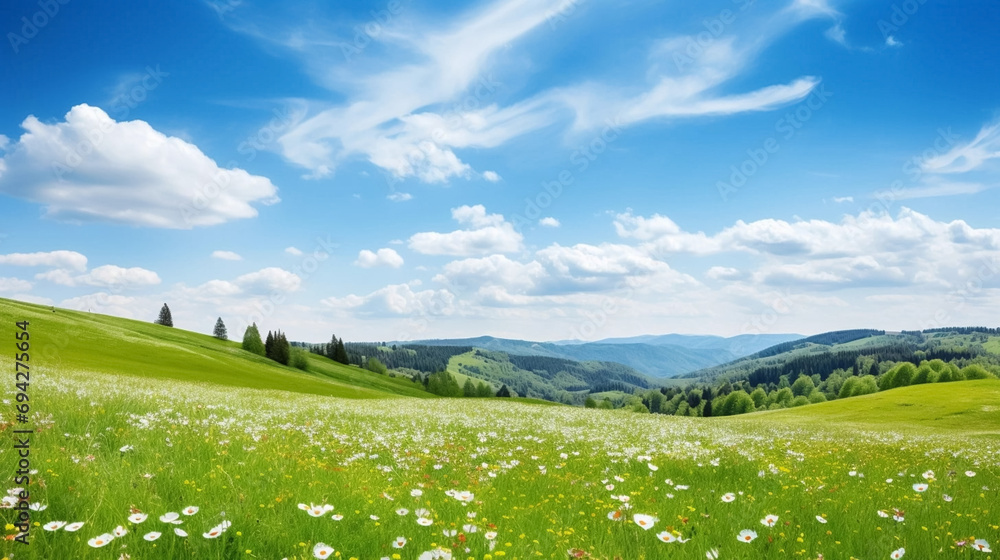 Fototapeta premium copy space, stockphoto, Beautiful natural spring summer landscape of a flowering meadow in a hilly area on a bright sunny day. Many flowers in a field in green grass. Shallow depth of field.