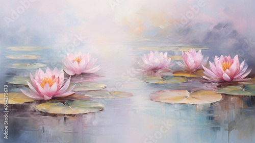 a painting of light pink water lilies in a pond  an impressionist painting  mental health yoga concept for print  decoration